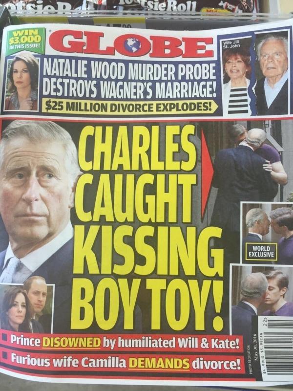 Foto-foto mesra yang diduga Pangeran Charles sedang bermesraan dengan pria muda dalam headline Globe Magazine