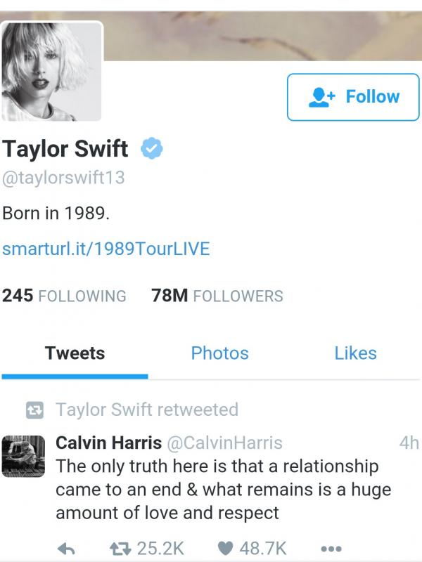 Taylor Swift me-retweet kicauan Calvin Harris tentang putusnya hubungan mereka. (via. Twitter)