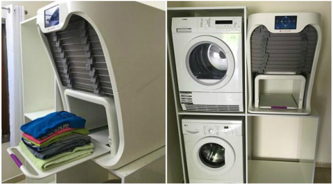 Menurut pembuatnya, mesin ini bisa menyetrika baju dan kemudian melipatnya sehingga mengurangi beban tugas bagi penggunanya. (Sumber FoldiMate via Daily Mail)
