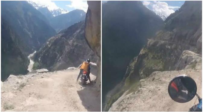 Suatu jalan menuruni ketinggian di Jammu dan Kashmir hanya bisa dilewati oleh mereka yang berani sekaligus terampil. (Sumber Charanpreet Singh via Daily Mail)