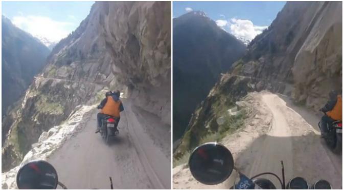 Suatu jalan menuruni ketinggian di Jammu dan Kashmir hanya bisa dilewati oleh mereka yang berani sekaligus terampil. (Sumber Charanpreet Singh via Daily Mail)