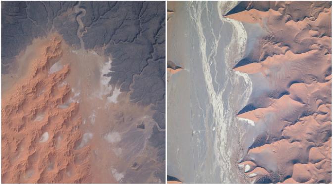 Gurun pasir di Aljazair dan Namibia. Mengorbit 400 km di atas permukaan bumi, para astronot ISS seakan sedang berfoto menggunakan tripod yang sangat tinggi. (Sumber NASA)