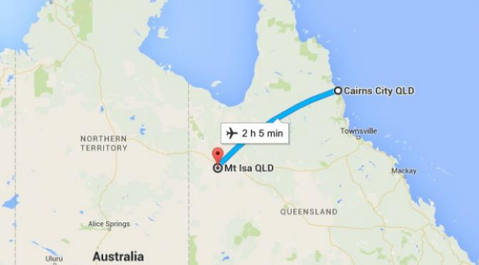 Menurut Google Maps, penerbangan antara Mount Isa, Queensland, dan Cairn, juga di Queensland, ditempuh dalam 2 jam 5 menit. (Sumber Google Maps)