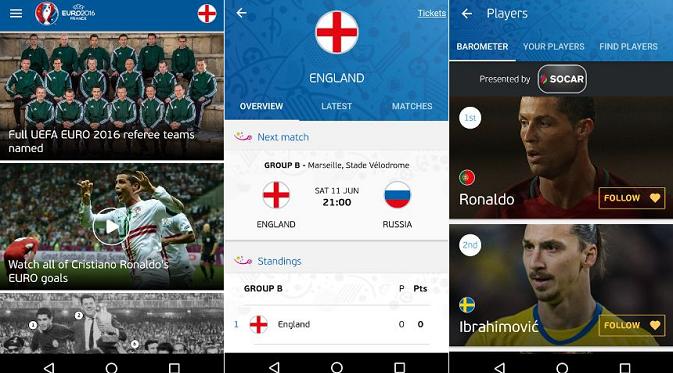 Tampilan UEFA EURO 2016 Official App di Android (sumber: googleplaystore)