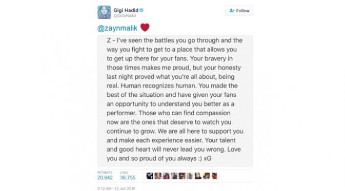 Gigi Hadid berikan dukungan untuk Zayn Malik. (Twitter.com)