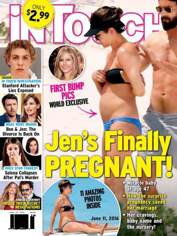 Cover majalah InTouch yang mengabarkan bahwa Jennifer Aniston tengah hamil. (via. usmagazine.com)