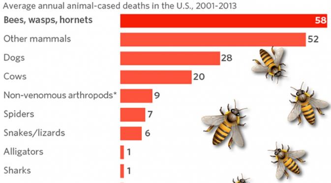 Faktanya, serangan lebah, tawon, anjing, sapi, dan penyengat, membunuh lebih banyak warga AS setiap tahunnya (Marketawatch.com).