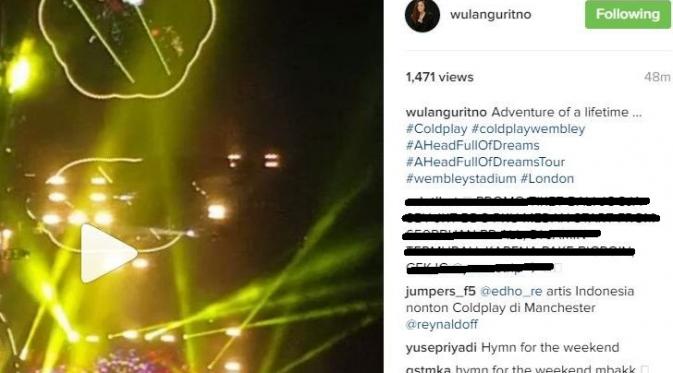 Wulan Guritno mengunggah video nonton konser Coldplay di Inggris pada Juni 2016. (Instagram - @wulanguritno)