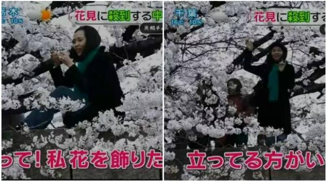 Kelakuan wisatawan selfie bersama bunga Sakura. Seorang wisatawan bertindak terlalu jauh demi menadah air suci dari suatu kuil di Jepang. Apa yang dilakukannya? (Sumber shanghaiist.com)