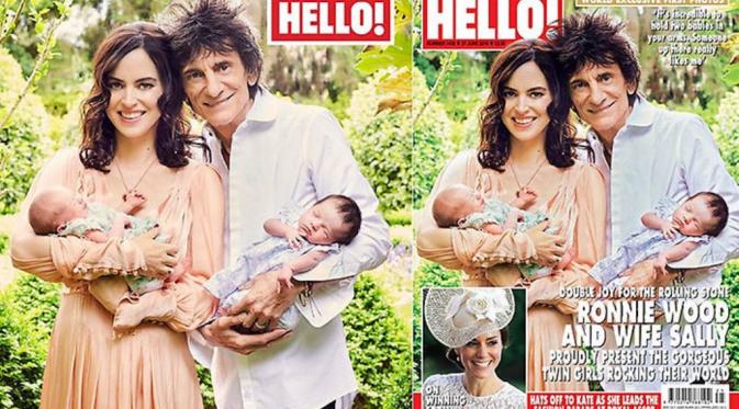 Ronnie Woods dan istri, Sally mempublikasikan bayi kembar mereka untuk pertama kali. (sumber: HELLO! Magazine)