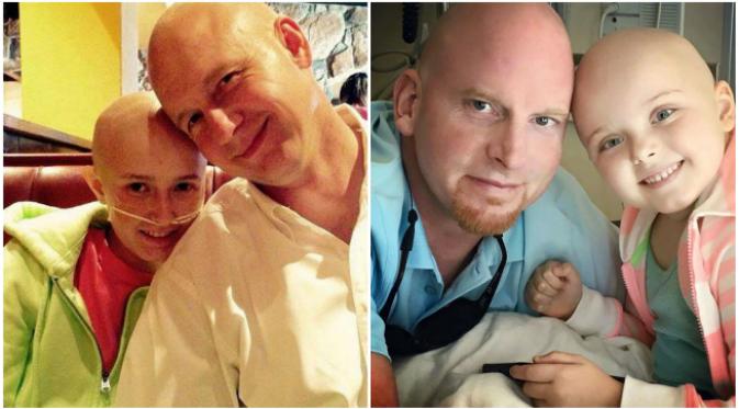Kaity dan Zoe. Demi berbela rasa dengan anaknya yang kanker, para ayah menggunduli kepala mereka yang mendapat diagnosa kanker.  (Sumber BBC)