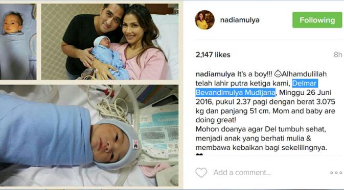 Nadia Mulya melahirkan bayi laki-laki yang diberi nama Delmar Bevandimulya Mudijana. [Foto: Instagram Nadia Mulya]