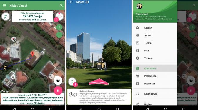 Kiblat Visual, penunjuk kiblat berdasarkan lokasi real (Sumber: Google PlayStore).