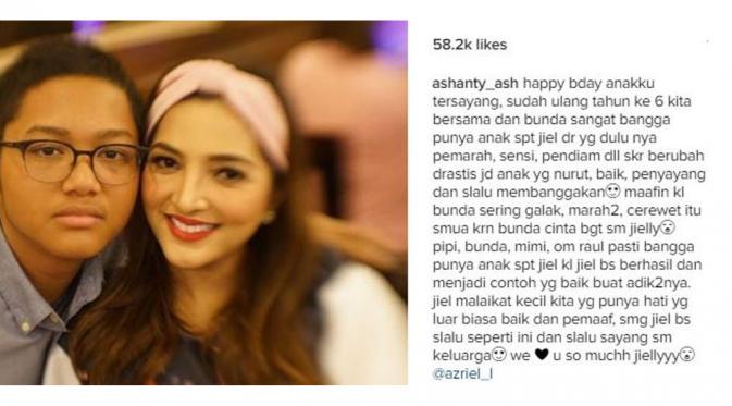 Ucapan selamat ulang tahun dari Ashanty untuk Azriel Hermansyah. (Instagram)