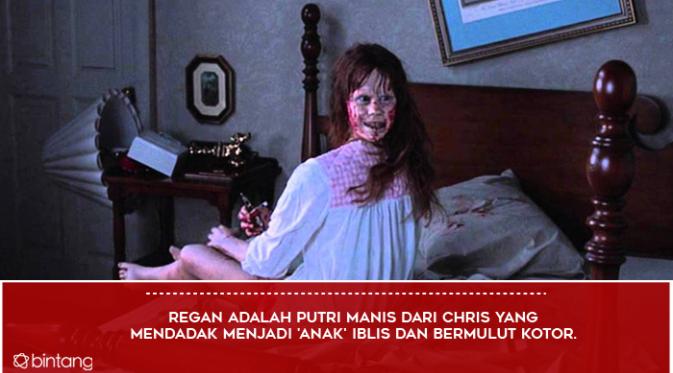 Regan MacNeil (Linda Blair) dalam film The Exorcist. (Foto: via newmediarockstars.com, Desain: Muhammad Iqbal Nurfajri/Bintang.com)