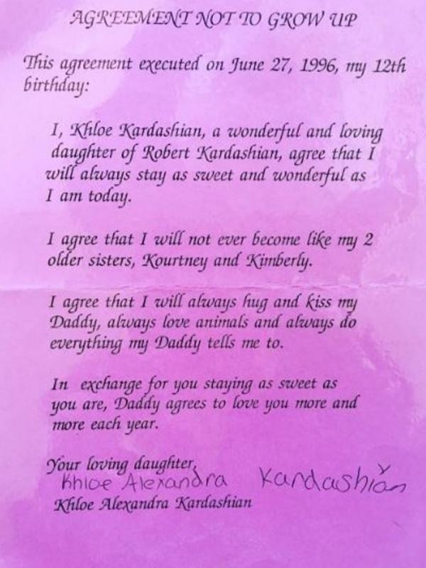 Isi surat perjanjian yang dibuat Khloe Kardashian saat usia 12 tahun. (Instagram)