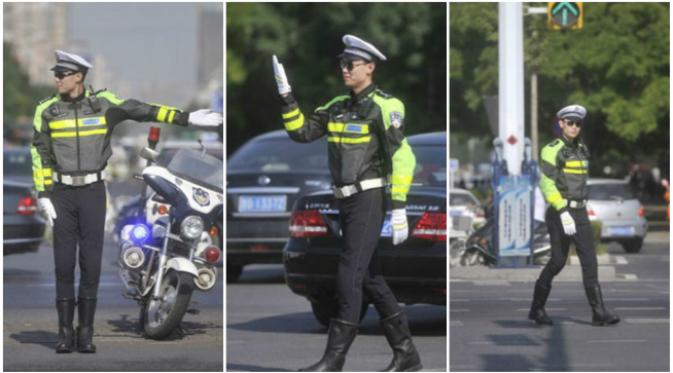 Serangkaian foto polantas ganteng menjadi bagian dari suatu inisiatif kesadaran berlalu lintas yang baru saja digelar di China. (Sumber NetEase via Shanghaiist.com)