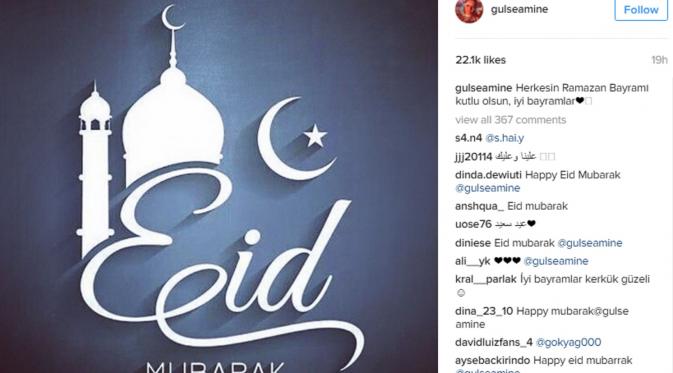 Amine Gulse mengucapkan Selamat Idul Fitri kepada umat Muslim yang merayakannya, Rabu (6/7/2016) di akun Instagram.