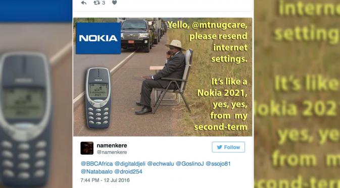 Aksi Kocak Presiden Uganda Menelepon di Tengah Jalan Jadi Meme. (Sumber: Guardian)