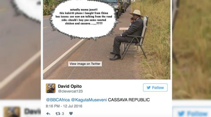 Aksi Kocak Presiden Uganda Menelepon di Tengah Jalan Jadi Meme. (Sumber: Guardian)
