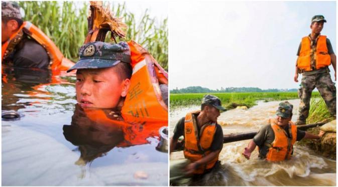  'Pasang Badan,' Para Tentara Cina Ini Ramai-ramai Cegah Banjir