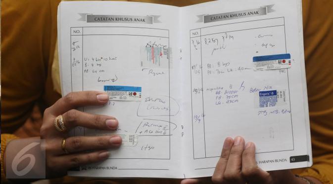  Keluaga korban menunjukkan catatan khusus anak saat audiensi di Kantor LPAI, Jakarta, (16/7). LPAI menyatakan akan menyampaikan hasil pertemuan tersebut kepada pihak-pihak terkait, termasuk kepada Presiden Joko Widodo. (Liputan6.com/Immanuel Antonius)