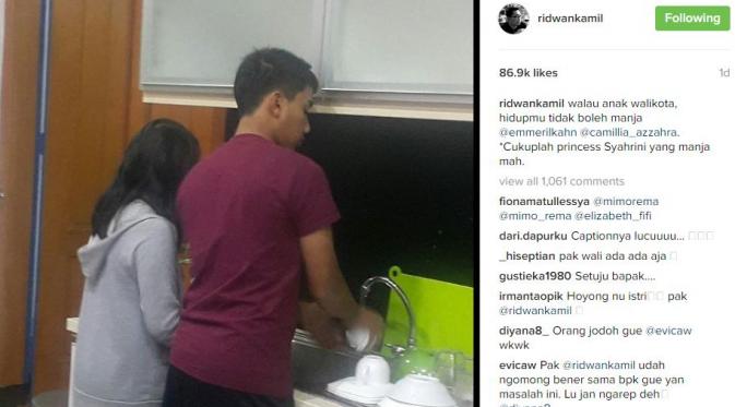 Anak-anak Ridwan Kamil mencuci piring [foto: instagram]