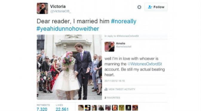 Victoria terpesona dengan cuitan-cuitan kocak itu dan menaksir pria tak dikenal yang menuliskan cuitan-cuitan konyol tadi melalui Twitter. (Sumber Daily Mail)