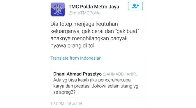 Kicauan Ahmad Dhani yang dijawab oleh 'TMC Polda Metro Jaya'. (via Twitter.com)