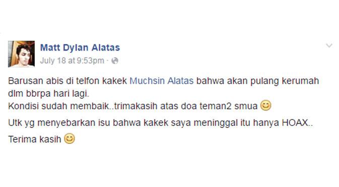 Cucu Muchsin Alatas mengabarkan jika kakeknya akan diperbolehkan pulang. (via Facebook.com)
