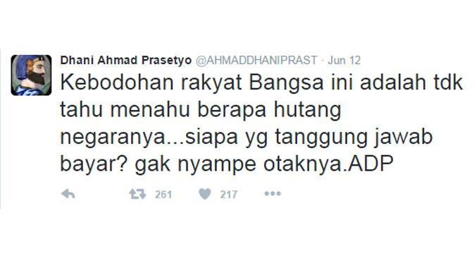 Kicauan Ahmad Dhani pada 12 Juni 2016. (via Twitter.com)