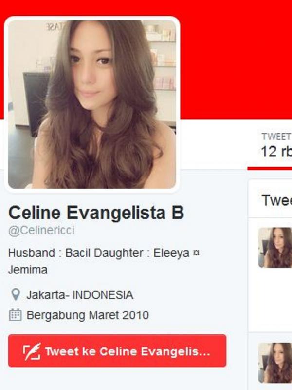 Dalam akun Twitter atas nama Celine Evangelista nama Bacil sebagai husband. (Twitter @celinericci)