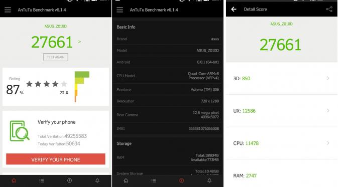 Skor Asus ZenFone Max ketika diuji dengan aplikasi pengujian benchmark menggunakan AnTuTu (Screenshoot).