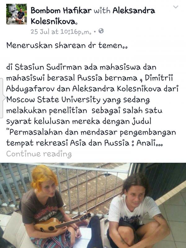 Dua Mahasiswa Asal Rusia Jadi Gelandangan di Stasiun Sudirman. (Foto: Facebook/Bombom Hafikar)