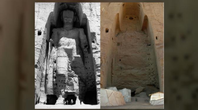 Patung Buddha di Bamiyan. Sejumlah bangunan lambang peradaban manusia telah hancur karena kerakusan, kelalaian, ataupun kebencian. (Sumber Live Science)