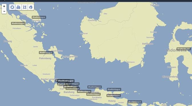 Penyeberan cuit #BalikinKTPGue berdasarkan lokasi di Trendsmap. (Liputan6.com/Corry Anestia)