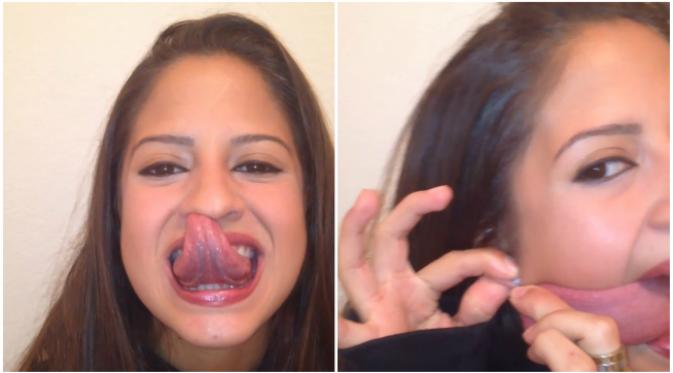 Dengan lidahnya yang sangat panjang, seorang wanita yang tinggal di Florida bisa dianggap sebagai salah satu 'manusia karet'. (Sumber cuplikan video Gerkary Bracho)