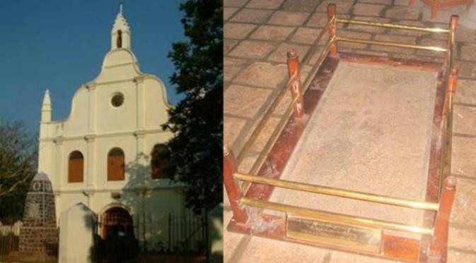 Makam pertama di gereja St. Francis, Kochi, India. Ternyata petualangan penjelajah Vasco da Gama asal Portugis tidak berhenti setelah ia meninggal dunia. (Sumber Ancient Origins)