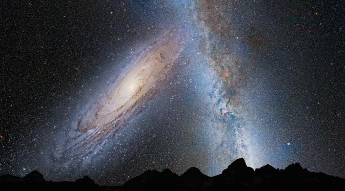 Ilustrasi Andromeda dan Galaksi Bima Sakti di langit malam (NASA)
