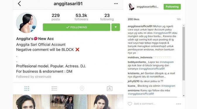 Tangkapan gambar akun Instagram palsu Anggita Sari. (Instagram - @anggitasariofficial91)