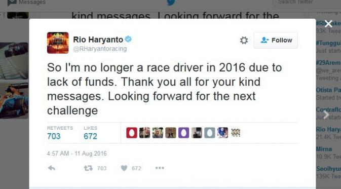 Rio Haryanto menantikan peluang yang akan dihadapi selama berkarier sebagai pembalap. (Twitter)