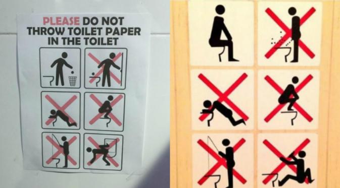 Rio de Janeiro 2016 dan Sochi 2014. Sejumlah tanda larangan dalam kamar mandi di Rio de Janeiro menarik perhatian atlet-atlet luar negeri. (Sumber de11edonne via Instagram dan @SebToots via Twitter)