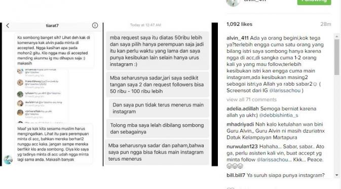 Muhammad Alvin Faiz memberi penjelasan tentang akun Instagram istrinya [foto: instagram/alvin_411]