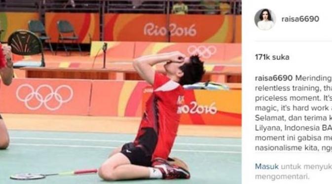 Respon Raisa terhadap kemenangan Tontowi dan Lilliyana di Olimpiade (Instagram)