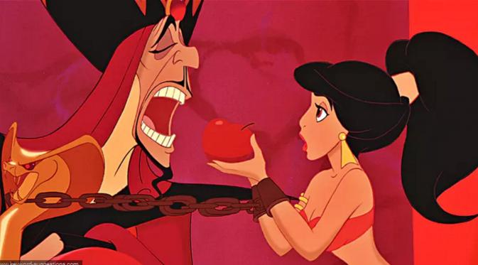 Salah satu adegan dalam film animasi Aladdin yang dikritik, Jasmine menjadi budak seks.