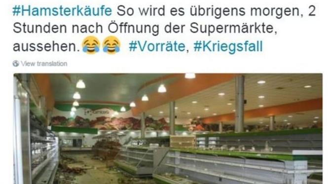 Reaksi netizen terkait anjuran pemerintah Jerman untuk menimbun bahan makanan dan air minum (Twitter)