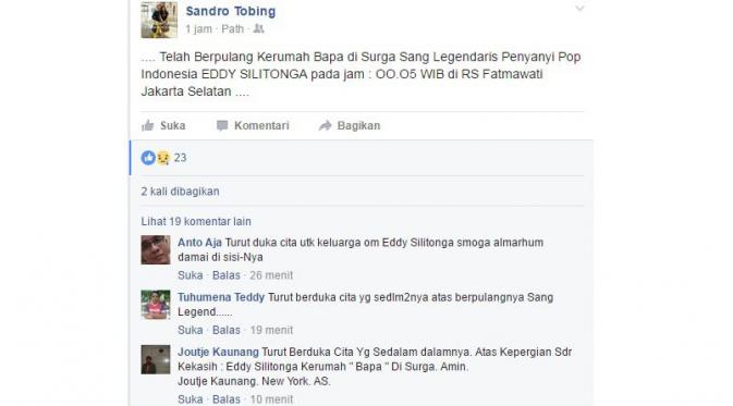Sandro Tobing melalui akun Facebook miliknya mengabarkan Eddy Silitonga meninggal dunia.