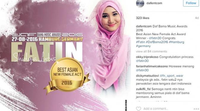 Fathin Shidqia menang di ajang penghargaan Daf BAMA Music Awards [foto: instagram]