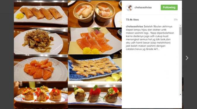 Chelsea Olivia mengungkap kebahagiaan karena bisa mengkonsumsi sashimi dan sushi lagi. (Instagram)