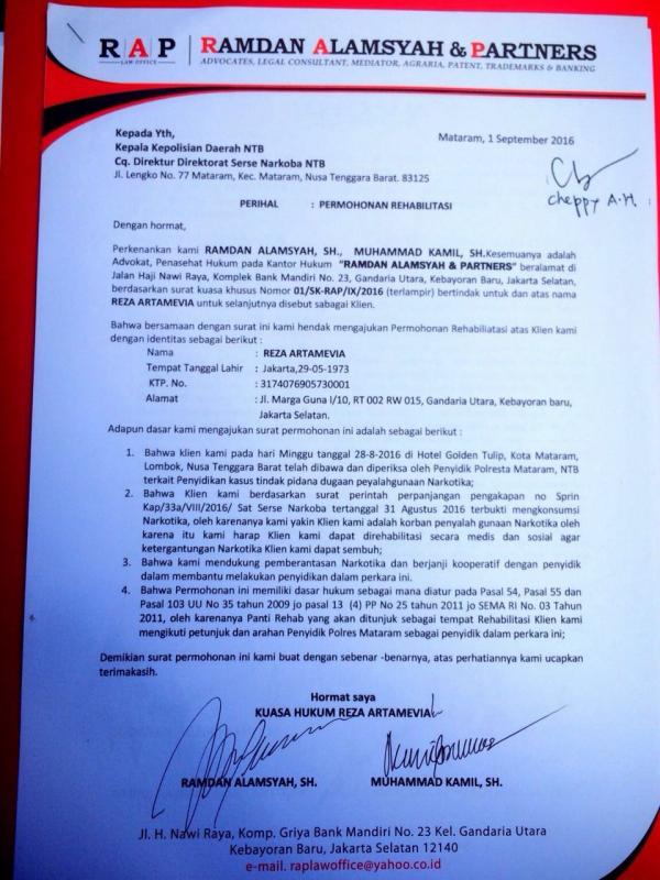 Surat Permohonan rehabilitasi Reza Artamevia ke Kapolda NTB (Istimewa)